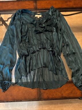 Sheer Teal Ruffle Tiered Blouse - Feminine Long Sleeve Top
